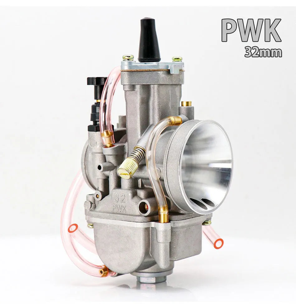 Sandblasted PWK motorcycle carburetor kit with size options from 21mm to 34mm bore.