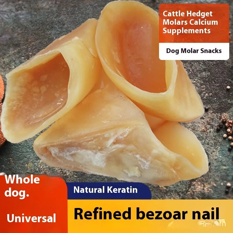 Natural cowhide dog chew toy in hoof shell colour, shown in small and large sizes for dental health.