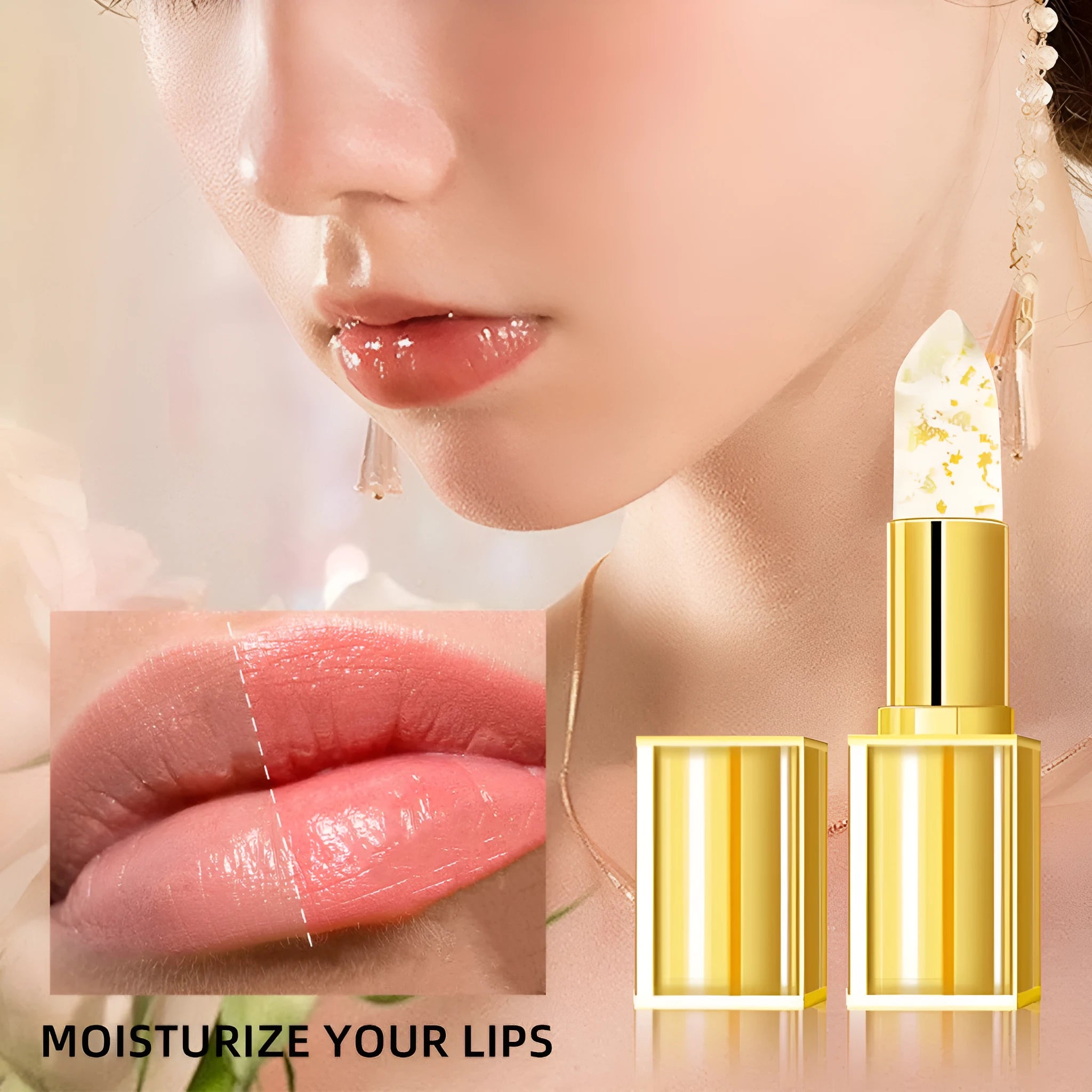 Tube of warm colour-changing anti-smudge lipstick with gilding effect, item YB1001.