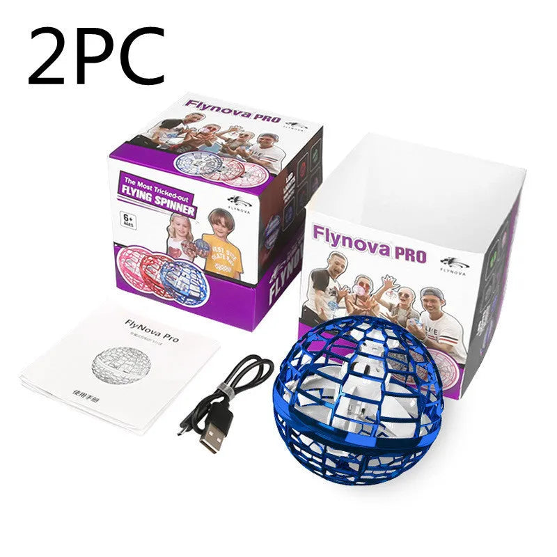 Blue spinning flying ball toy with LED lights hovering above a child's hand, with a magic wand accessory.