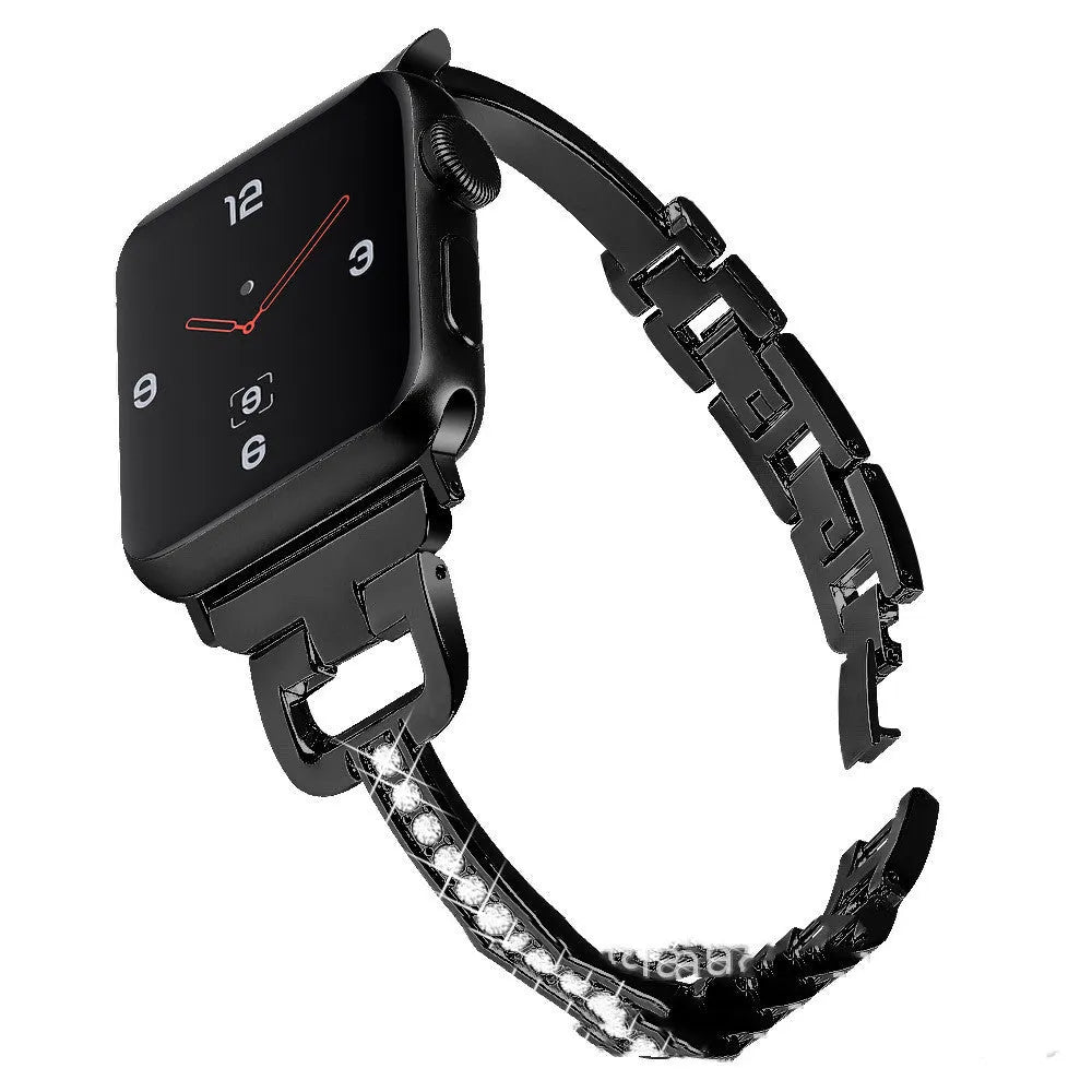 Smart watch with D-shaped metal diamond-patterned strap compatible with Apple Watch