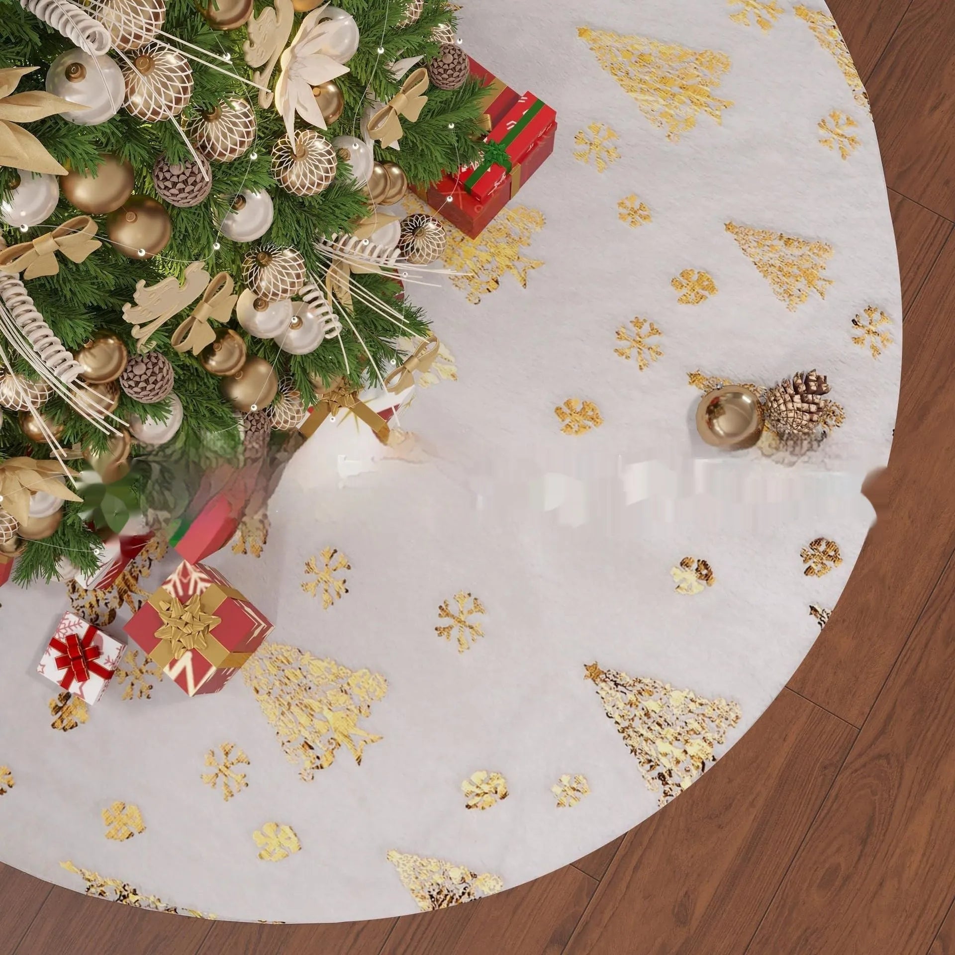Plush Christmas tree rug with snowflake star motif in four size options on wooden floor