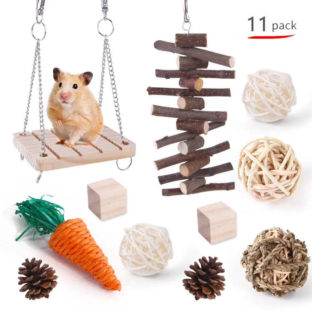 Assortment of wooden and natural fibre chewing toys for pet rabbits, guinea pigs, and parrots on a straw mat