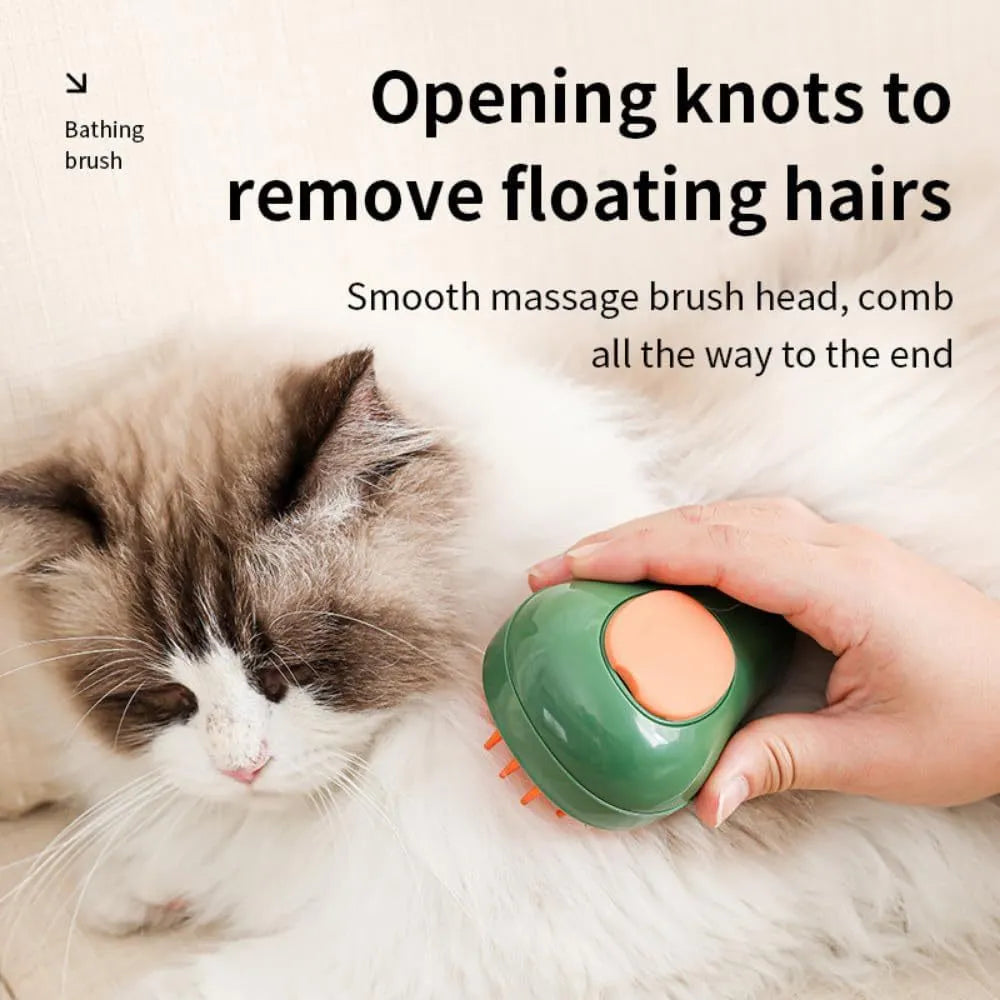 Green and white cat steam brush with water reservoir and silicone grooming teeth