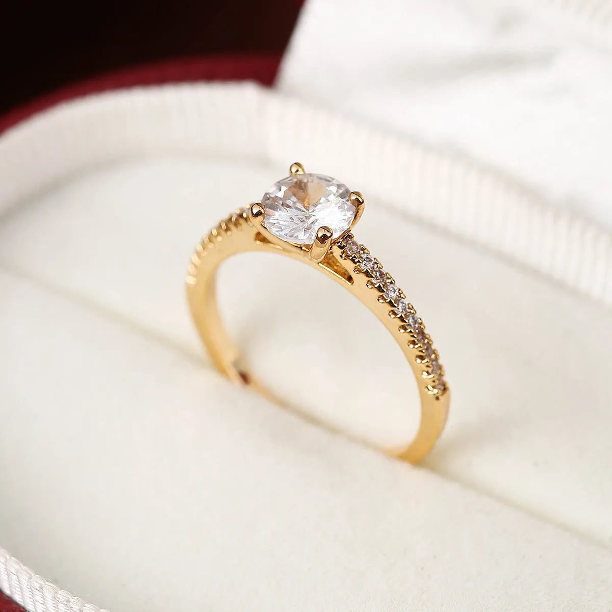 Geometric hexagon zircon copper ring in gold rose red electroplated finish, size UK 7.