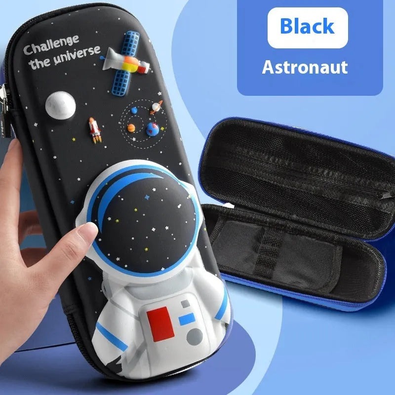 3D leather pencil case in a box shape showing one of the available design options such as a spaceship or unicorn