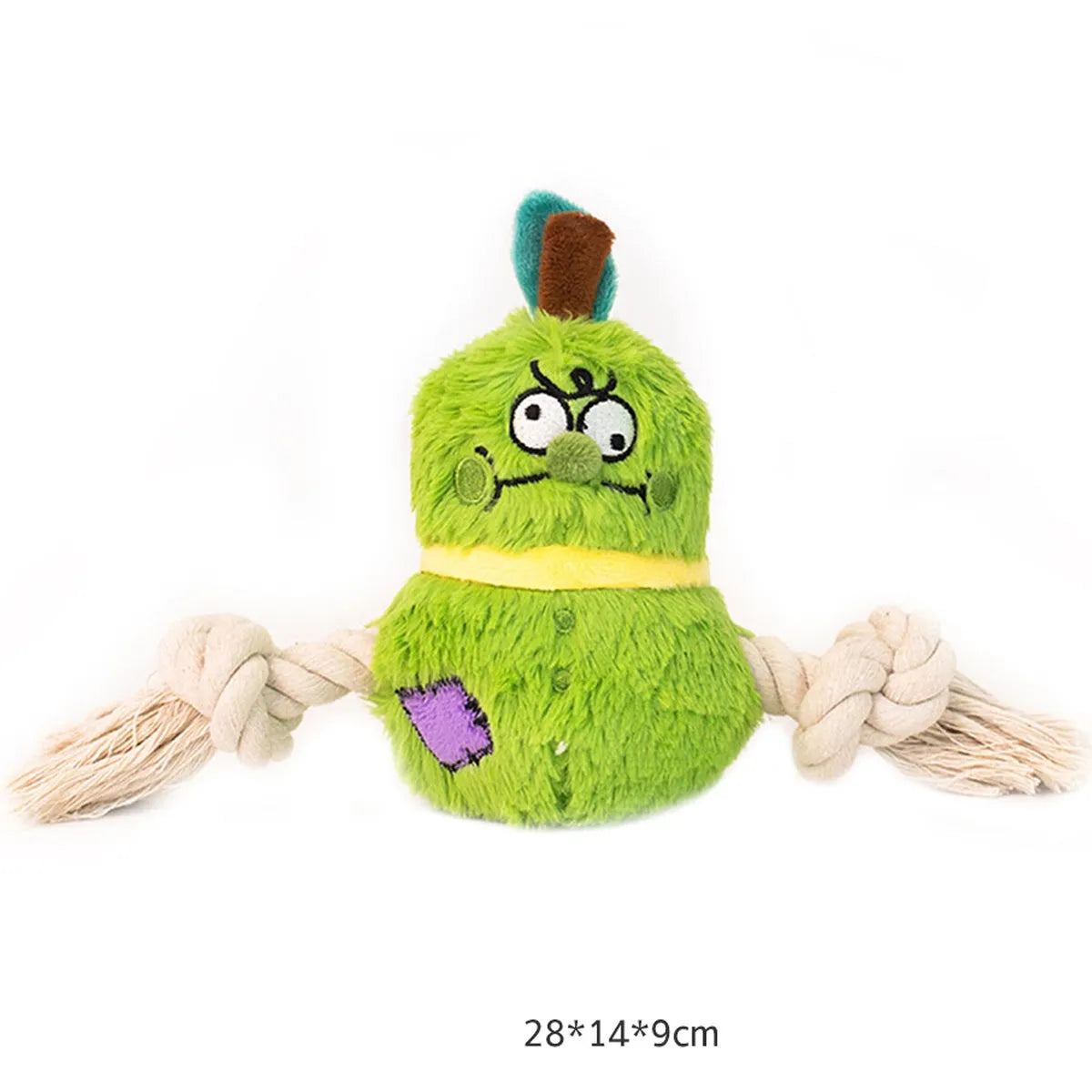 Green and purple interactive plush dog toy with rope knot and molar tooth design for tug of war.