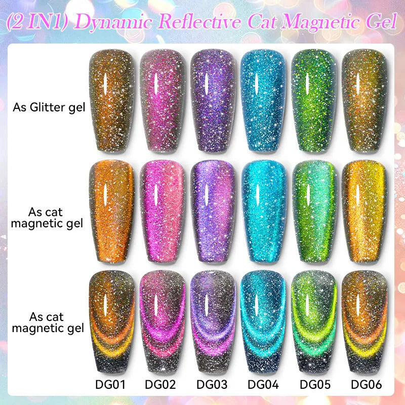 Cat Eye Series UV Gel Nail Polish bottles showing six fluorescent colours with glitter and diamond fragment effects