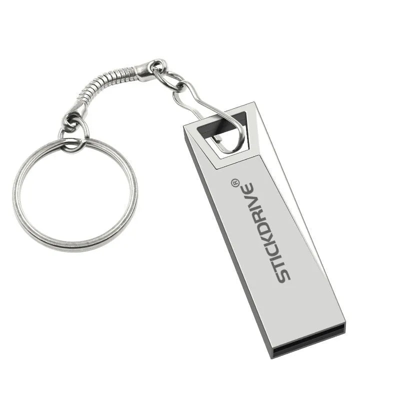 Metal USB flash drive with attached necklace chain in silver finish