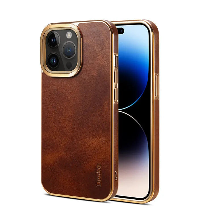 Handmade leather iPhone case in vintage oil wax leather showing slim profile and protective design