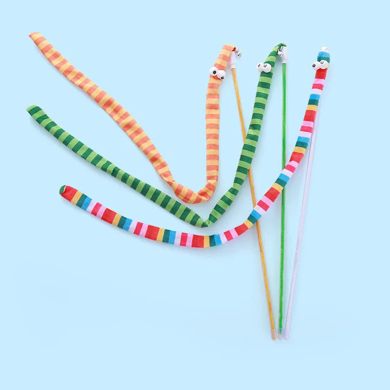 Cat wand toy with long plush strip teaser on a polycarbonate pole, shown in vibrant colours