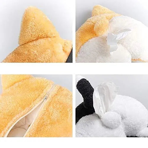 Yellow corgi butt-shaped polyester tissue box cover hanging on a car sun visor.