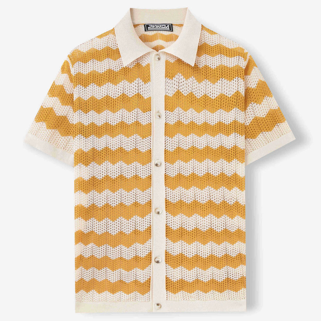 Yellow short sleeve sweater with textured hollow jacquard corrugated and flocked detail on a mannequin.