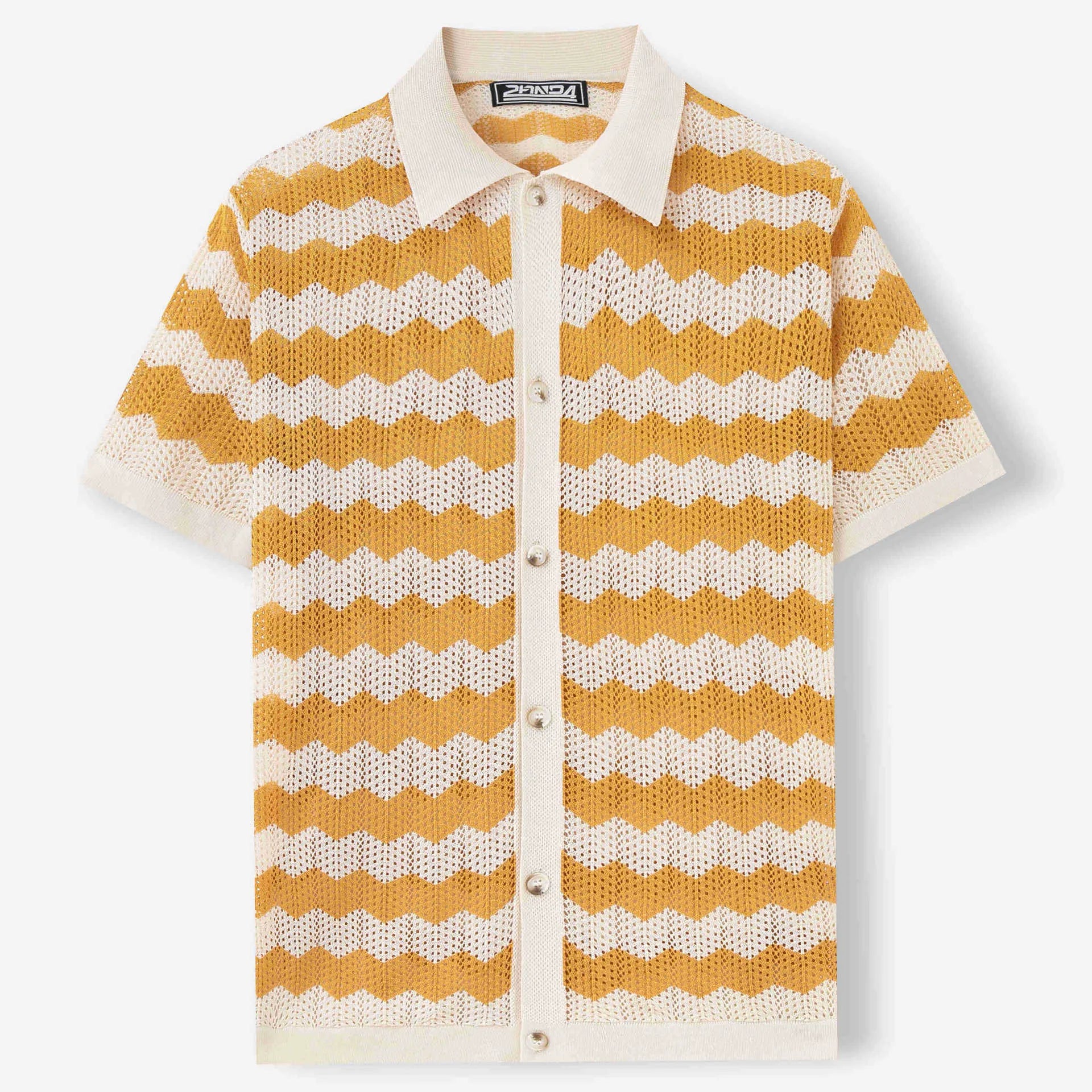 Yellow short sleeve sweater with textured hollow jacquard corrugated and flocked detail on a mannequin.