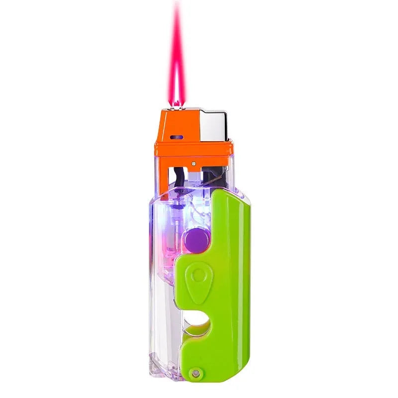 Orange, purple, and green plastic lighter with wind-resistant function on a simple bare metal background.