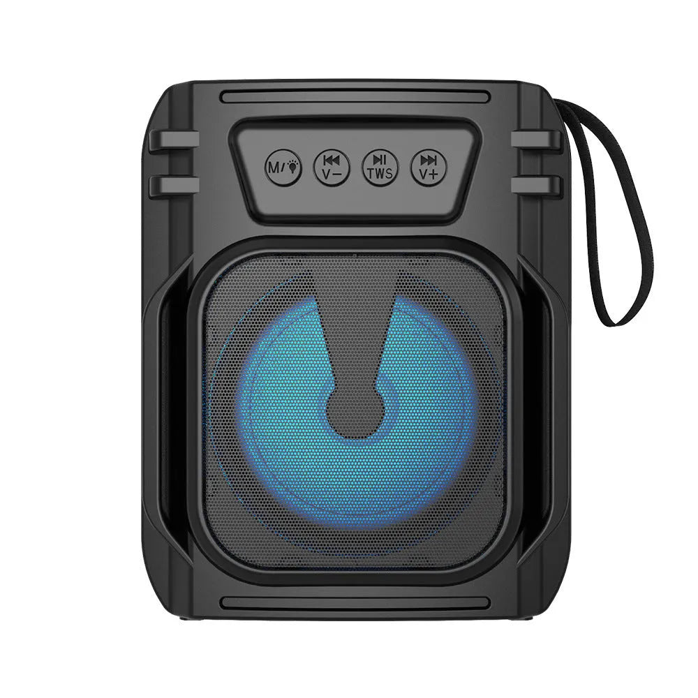 Portable Bluetooth speaker with USB charging cable and compact radio-style design