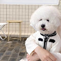 Korean-style white puppy sweater with pearl collar on small dog showing princess cut design