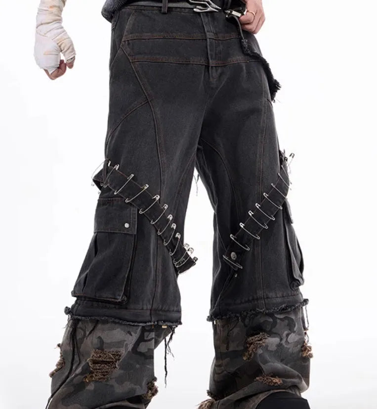 Men's grey camouflage jeans with pin and ribbon details on cotton denim.