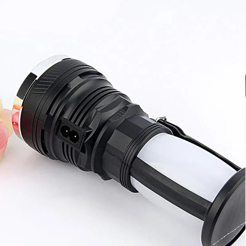 Black solar charging LED emergency flashlight body with 800mAh battery capacity and USB port for outdoor camping and hiking use