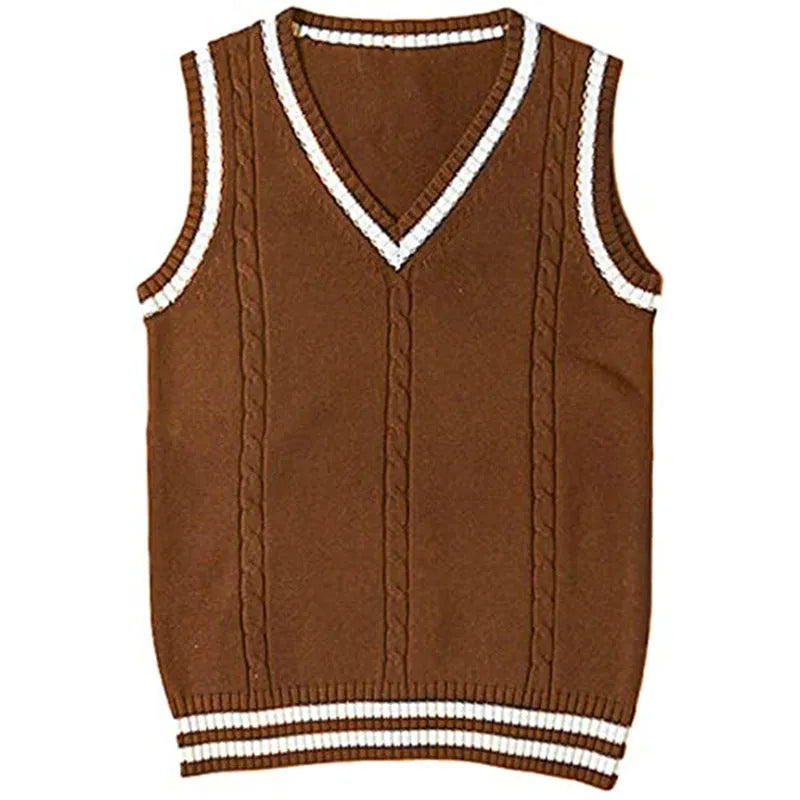 Women's slim fit V-neck acrylic knitted waistcoat sweater with striped stitching detail