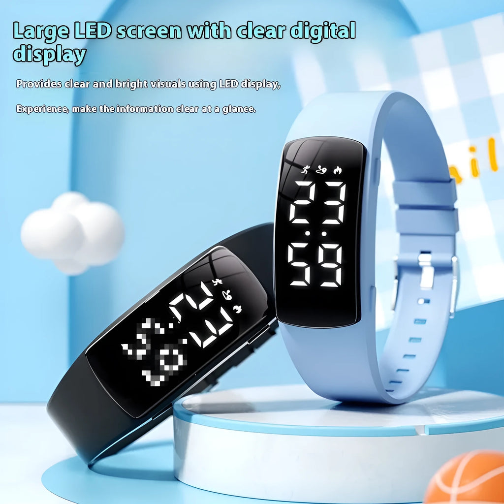 Vibration alarm smart watch with LED display on a silicone strap, shown in a choice of colours.
