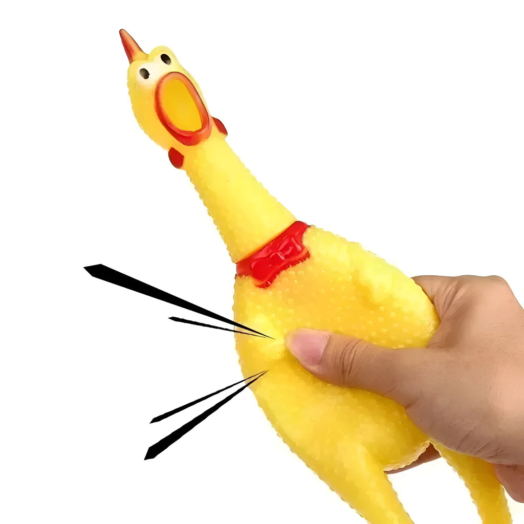 Yellow rubber squeaking chicken dog toy available in multiple sizes for pet chewing and play