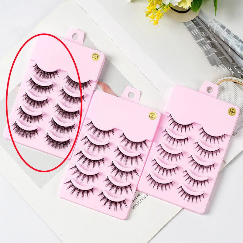 Set of five pairs of black wispy manga-style false eyelashes for anime cosplay and Korean makeup.