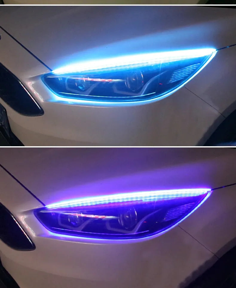 Universal LED daytime running light with remote control for General Motors cars, shown in RGB colours.