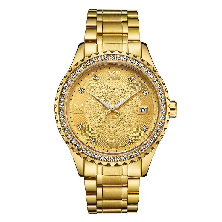 Men's gold automatic mechanical watch with black dial and luminous hands, business style waterproof timepiece