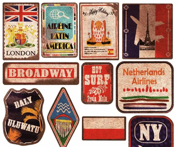 Set of 36 retro-themed beach and surfing stickers with matte finish, sizes ranging from 6 to 10 centimetres.