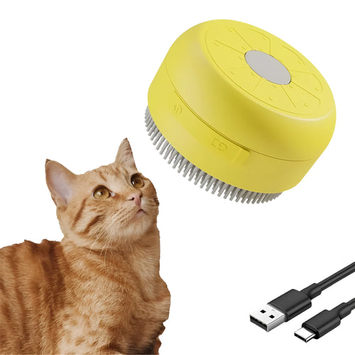Green and yellow rechargeable 3-in-1 cat steam brush for removing tangled hair