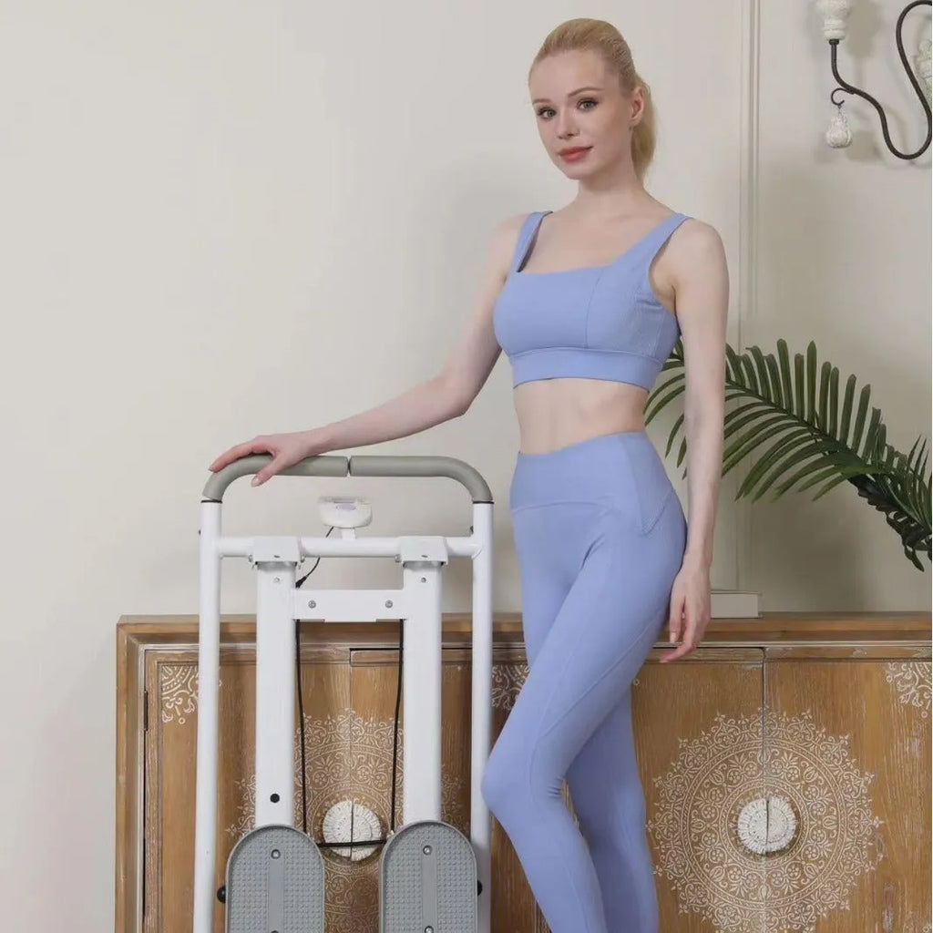 White foldable indoor climbing frame with treadmill function for home fitness exercise