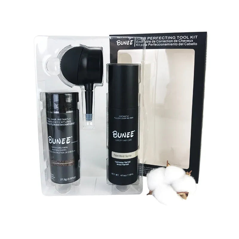 Hair fibre powder kit with 275g canister, styling spray bottle, and applicator nozzle for thinning hair.