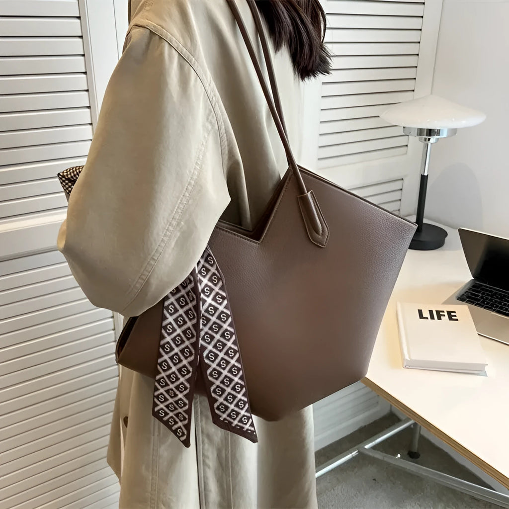 Women's large capacity PU shoulder bag in horizontal square suitcase design with sandwich pocket