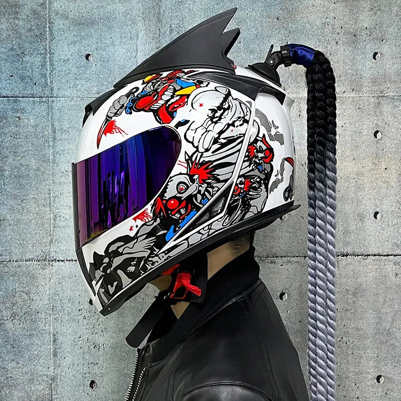 Couples' Dirty Braids graphic full face motorcycle helmet in ABS plastic on a white background.