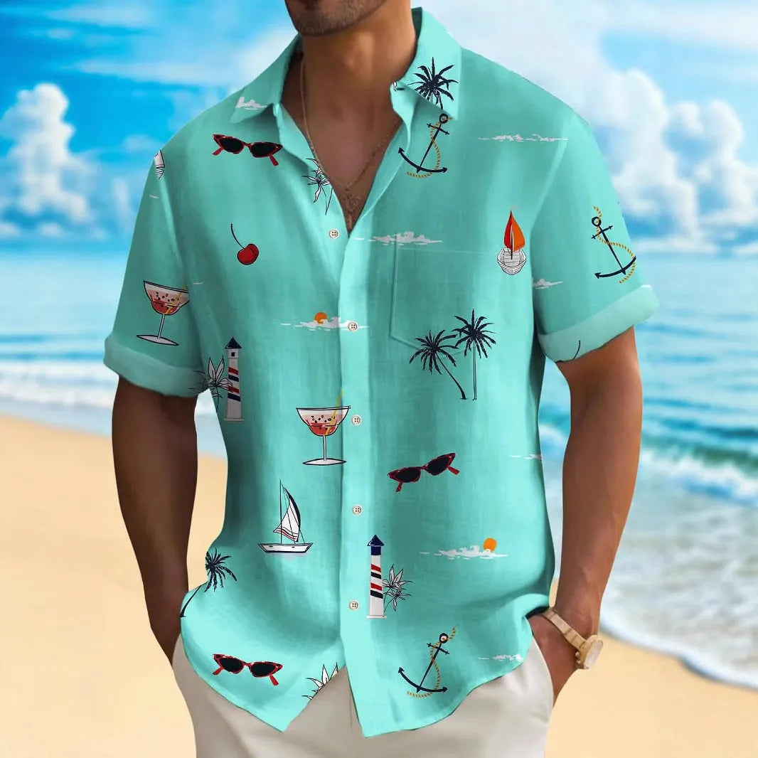 Men's loose fit Hawaiian shirt with digital print pattern and short sleeves