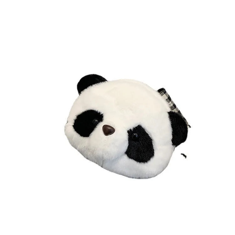 Plush panda head crossbody shoulder bag with cylindrical shape and sandwich pocket