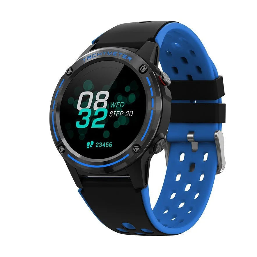 GPS smart sports watch with silicone strap in multiple colours showing 49mm dimensions