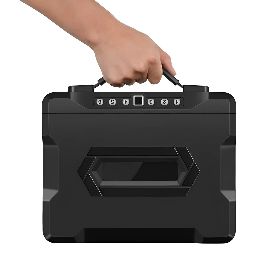 L12 model portable small password safe made of steel with a mechanical combination lock.