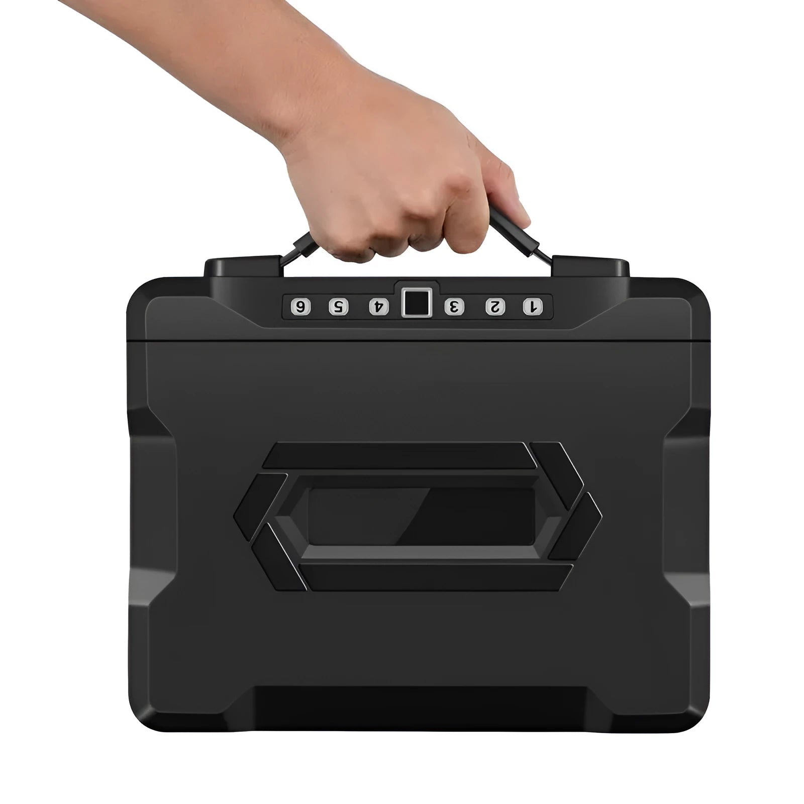 L12 model portable small password safe made of steel with a mechanical combination lock.
