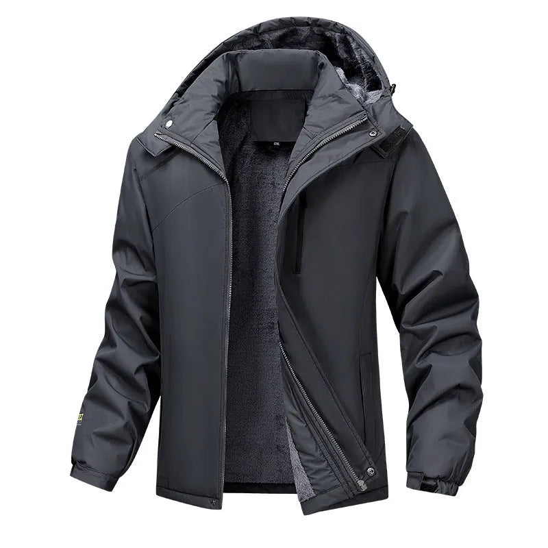 Men's plus size waterproof winter coat in loose fit with hood, available in Army Green, Black, Dark Gray and White colours