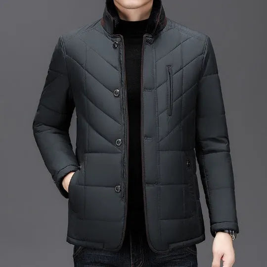 Men's dark blue quilted short winter coat with side pockets