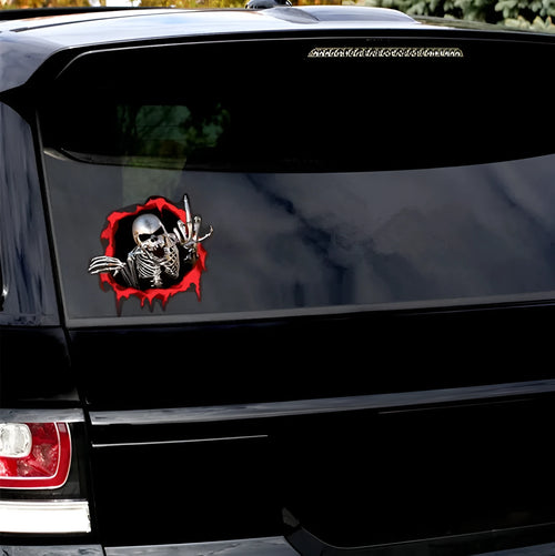 Colourful reflective metal skull car bumper sticker with broken shell pattern
