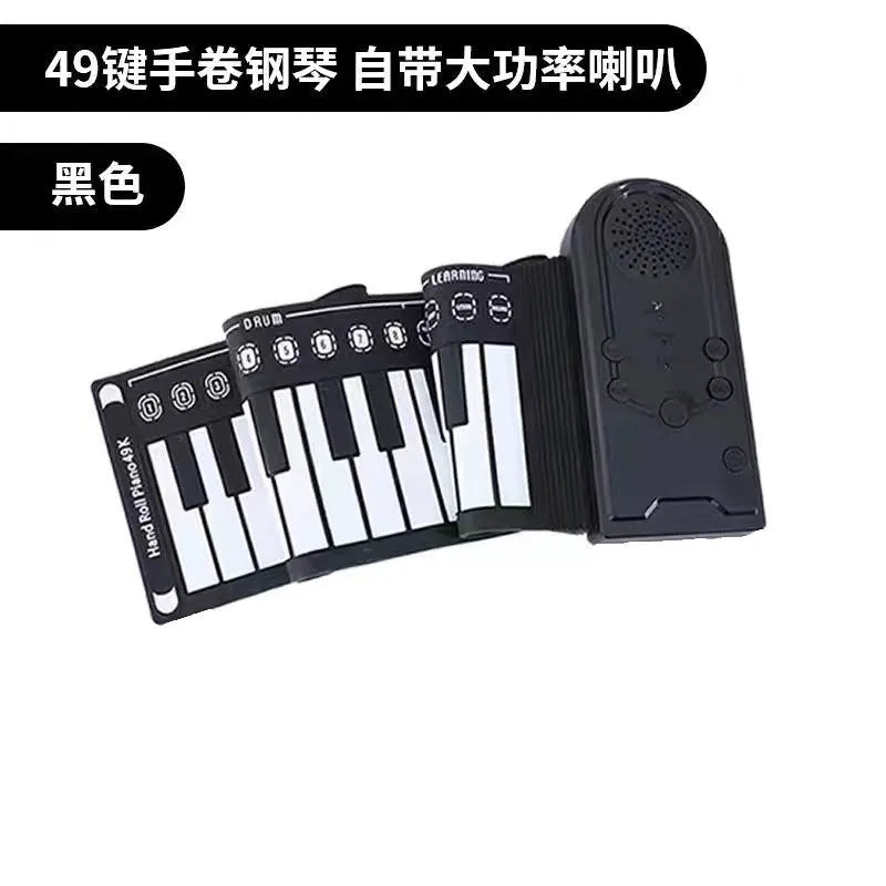 Glossy Black portable folding electronic keyboard with 49 silicone keys, shown both folded and unrolled.