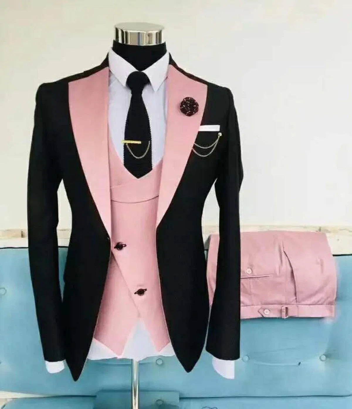 Men's black slim fit three-piece cotton suit with vest for weddings.
