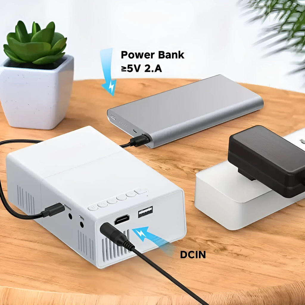 M100 Mini Home LED Projector in black or white, showing remote control and cables.