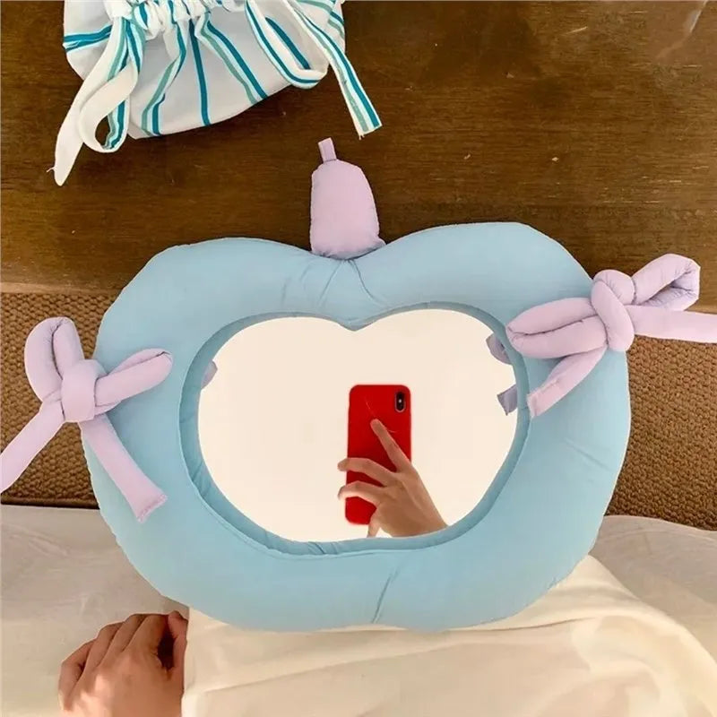 Korean-style decoration mirror with cotton-filled fabric border and aluminium lens in apple colour