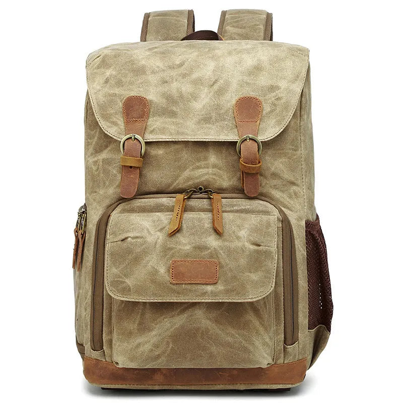 Canvas DSLR camera backpack in khaki colour with backpack straps and storage compartments