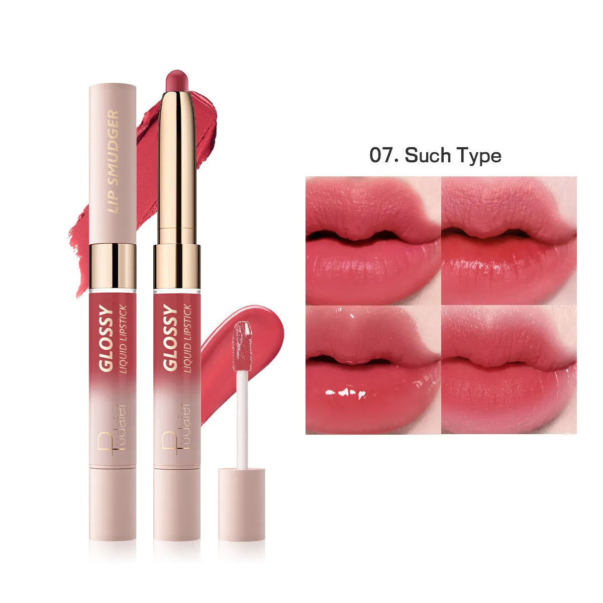Double-headed lipstick and lip gloss product showing matte and glossy ends in one of ten available colours