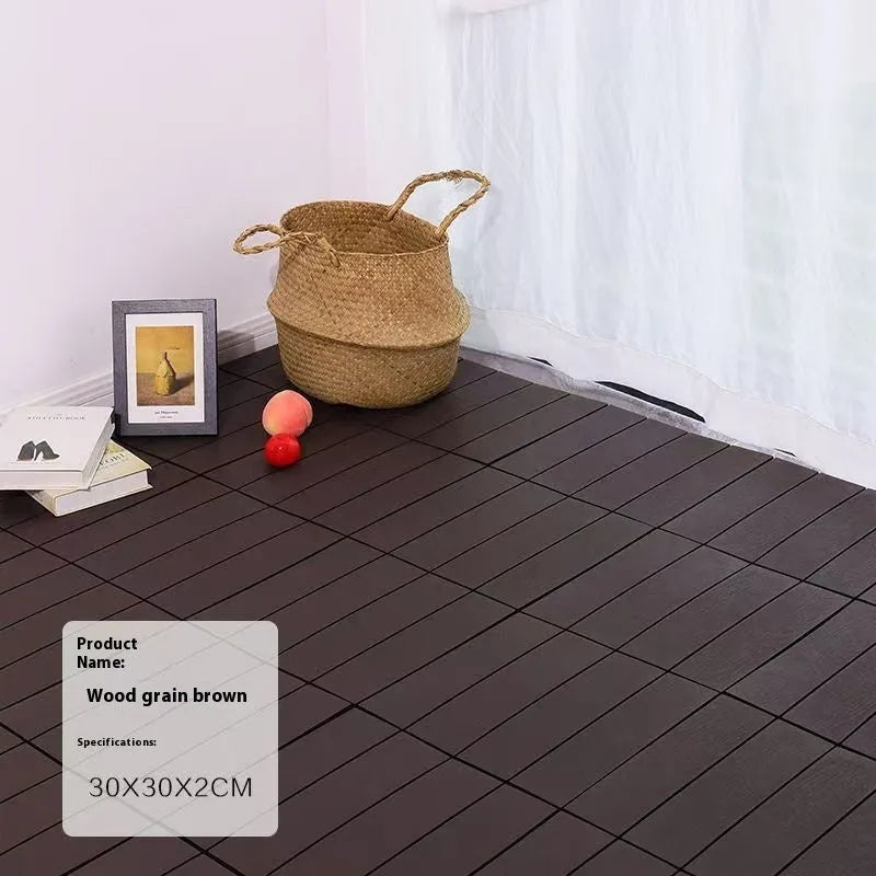 Ten square plastic floor tiles with a wood grain pattern, showing a non-slip surface.